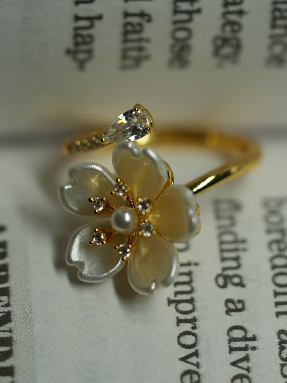 Gold Pearl Flower Open Ring CZ Adjustable